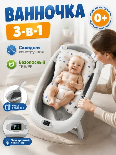 Детская складная ванночка с матрасиком 3 в 1 CANDY BABY