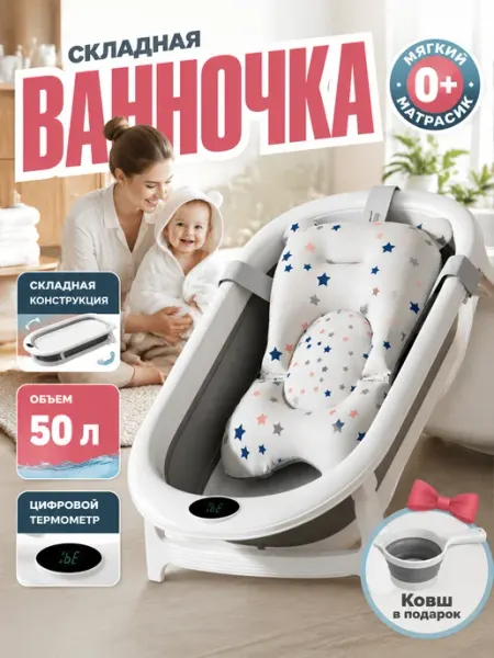 Ванночка для новорожденных 50 литров с матрасом Intime plastic