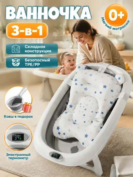 Ванночка детская складная с анатомическим матрасом CANDY BABY