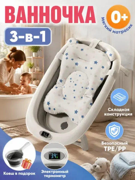 Ванночка детская складная с матрасиком 60 л с ковшом CANDY BABY