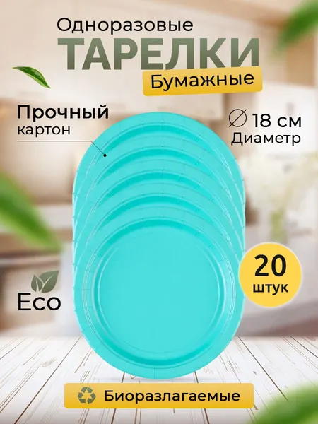 Тарелки одноразовые бумажные 18 см, набор 20 шт бирюзовый