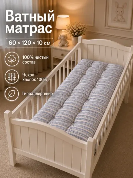 Матрас ватный 60х120 см в детскую кроватку хлопковый ватный матрас