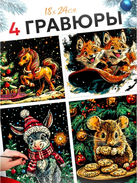 Гравюра цветная Новогодние животные скретч 4 шт. 18*24 Эксклюзивно от LORI