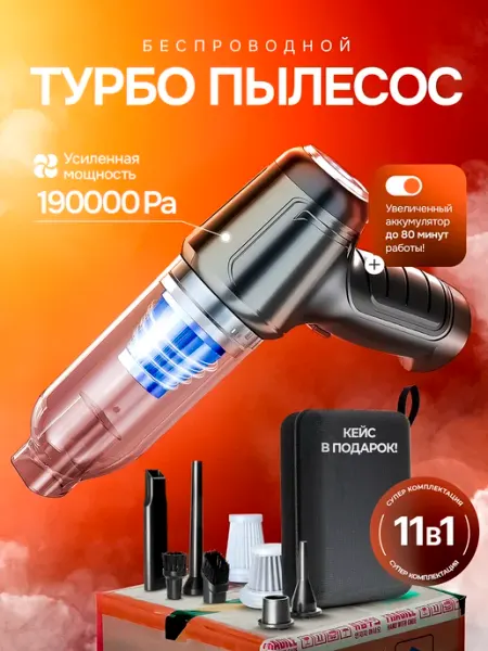 Пылесос для автомобиля беспроводной мощный с насадками 3 в 1 A.Home