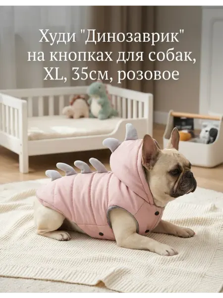 Худи "Динозаврик" на кнопках для собак, 35см, розовое, XL УЮТ