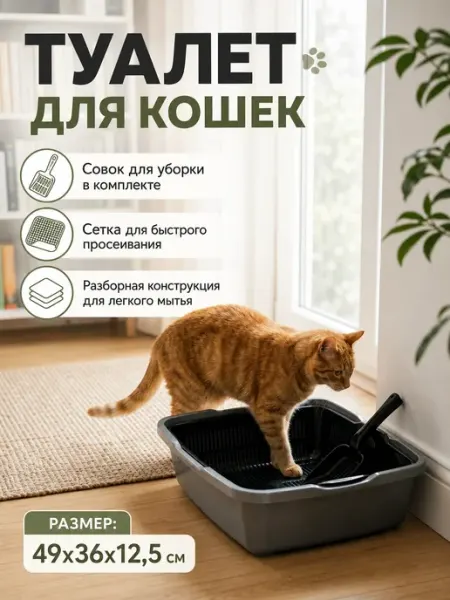 Туалет для кошек большой с сеткой и совком, черный DDSTYLE