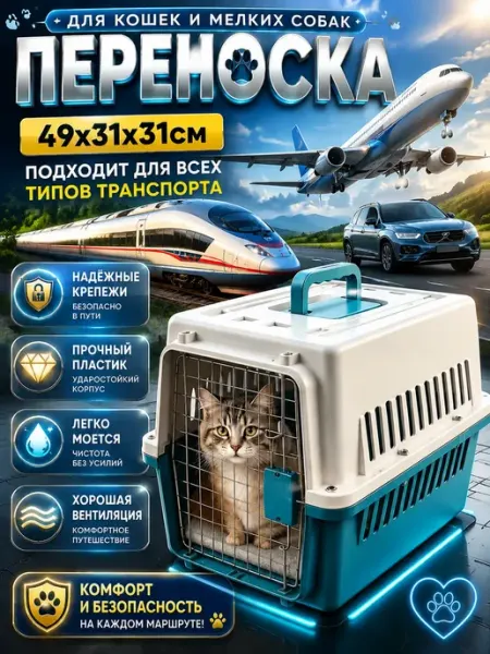 Переноска пластиковая для кошек и собак с решеткой PetTails