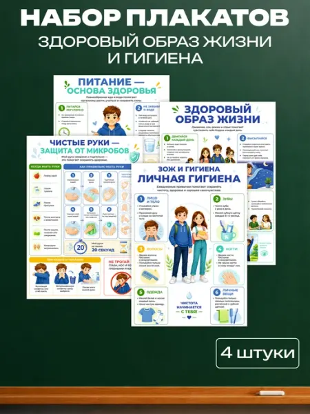 Набор обучающих плакатов А4 Здоровый образ жизни и гигиена Школа и точка