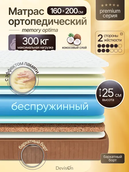 Матрас 160х200 беспружинный ортопедический с эффектом памяти Devison Memory Optima
