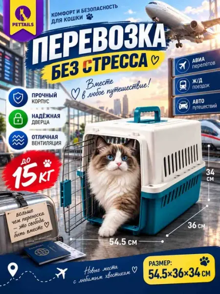 Переноска для кошек до 10 кг пластиковая большая 55*36*34