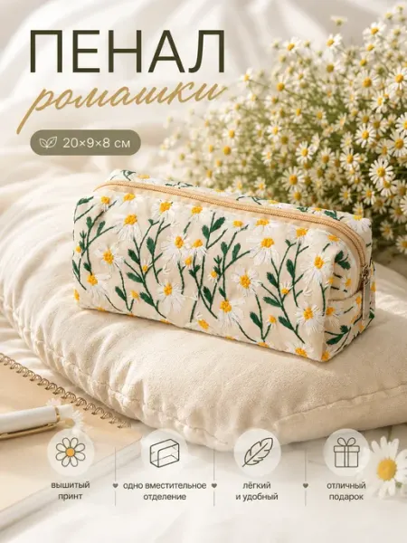 Пенал школьный с цветочками ромашки молочный ШЕЛТОРИ
