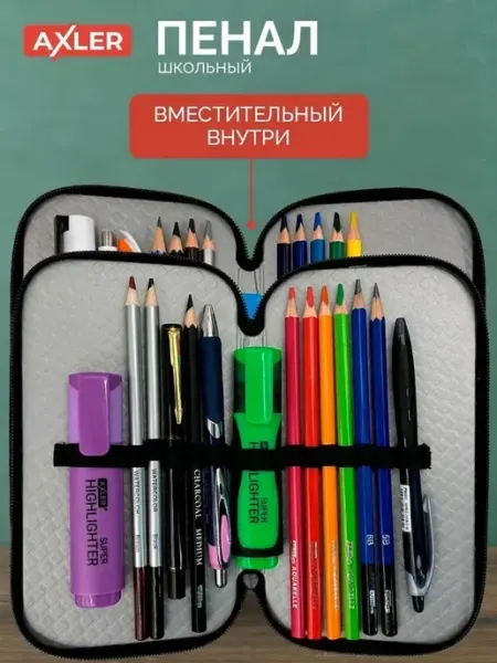 Пенал школьный для мальчиков AXLER, книжка на молнии