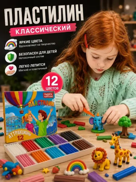 Пластилин классический 12 цветов со стеком, 240 г Хомик