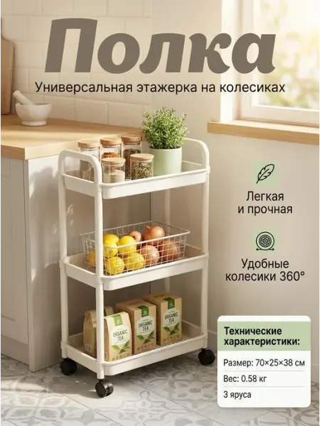 Этажерка на колесиках узкая кухонная 3 яруса Стеллажи для дома