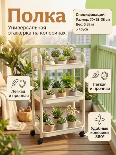 Стеллаж пластиковый мобильный универсальный 70 см GOOD HOME