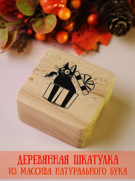 Шкатулка деревянная RiForm для подарков и бижутерии "Кот в подарочной коробке"