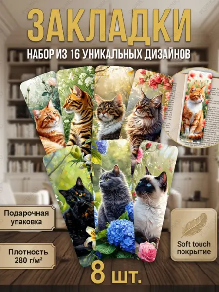 Закладки для книг, софт тач, подарочный набор с котиками Plumico