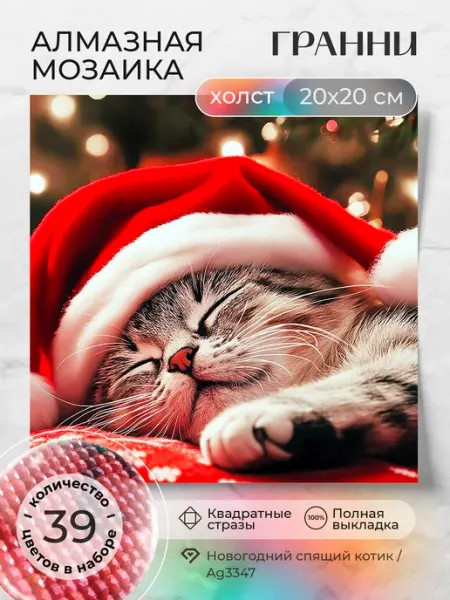 Алмазная мозаика 20x20 Новогодний кот Гранни