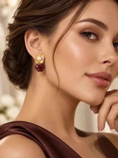 Серьги бижутерия цветок с сердцем винтажные золотистые COSMOCLOUD