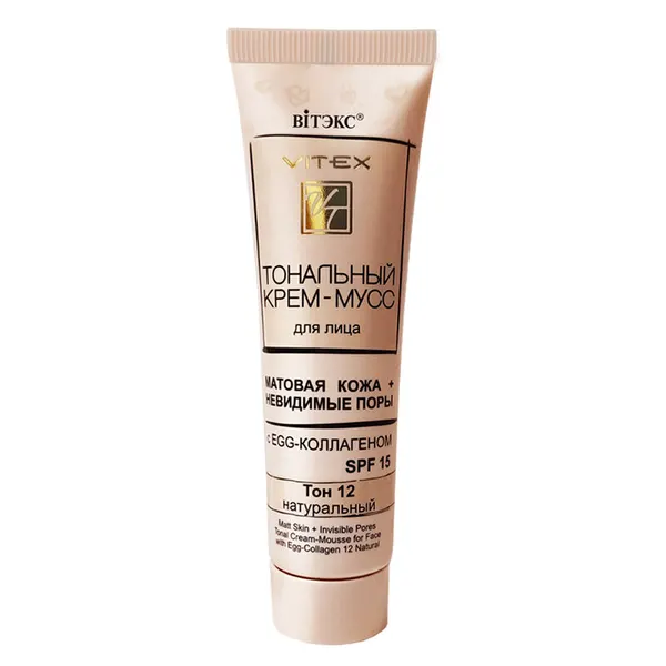 Витэкс тональный крем-мусс для лица матовая кожа+невидимые поры с egg-коллагеном spf15, тон 12 натуральный 30 мл