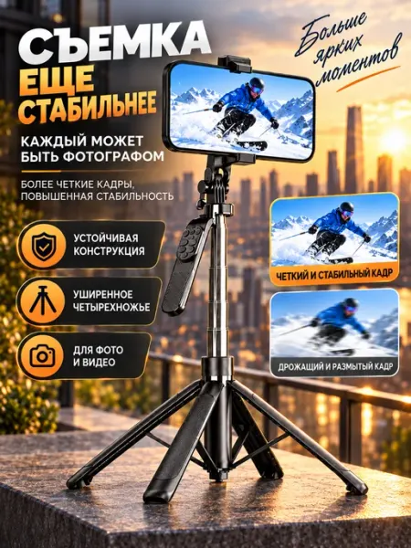 Селфи-палка штатив 180 см, Bluetooth-пульт, 4 ножки