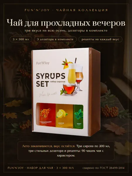 FUN`N`JOY Подарочный набор сиропов с дозаторами Облепиха, Лимон, Мята