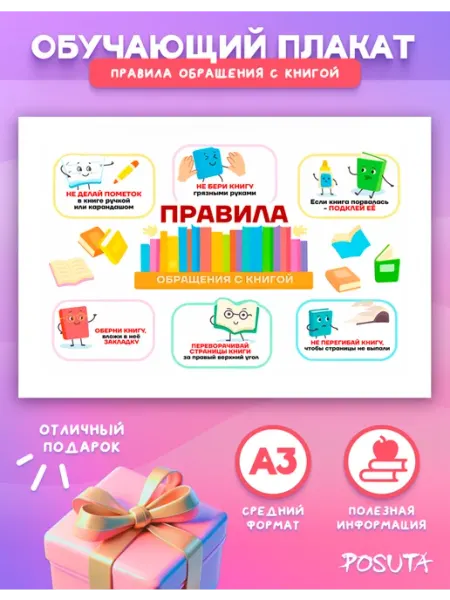 Постер на стену обучающий правила обращения с книгой posuta