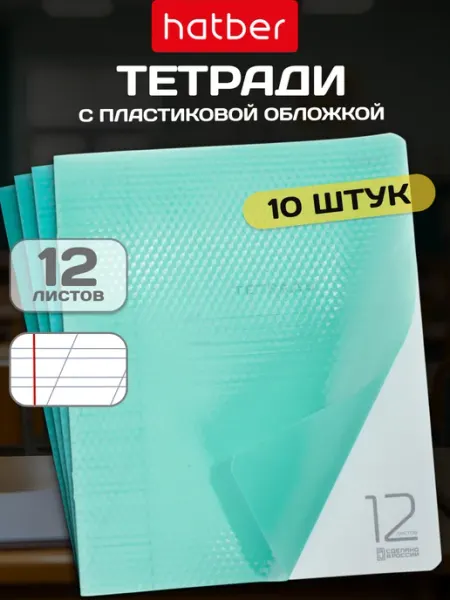 Тетрадь 12 листов в косую линию 10 шт пластиковая обложка Hatber