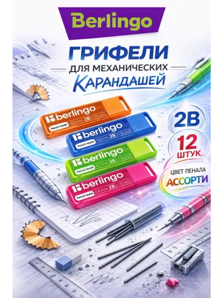 Грифели для механических карандашей 12шт 0,5мм 2B ассорти Berlingo
