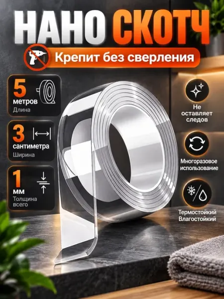 Нано скотч двухсторонний прозрачный ALLDetails