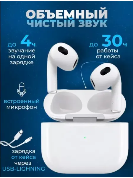 Беспроводные наушники 3 поколения с микрофоном и кейсом AirPods