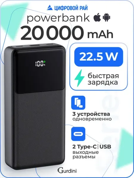 Внешний аккумулятор повербанк 20 000 mAh с быстрой зарядкой