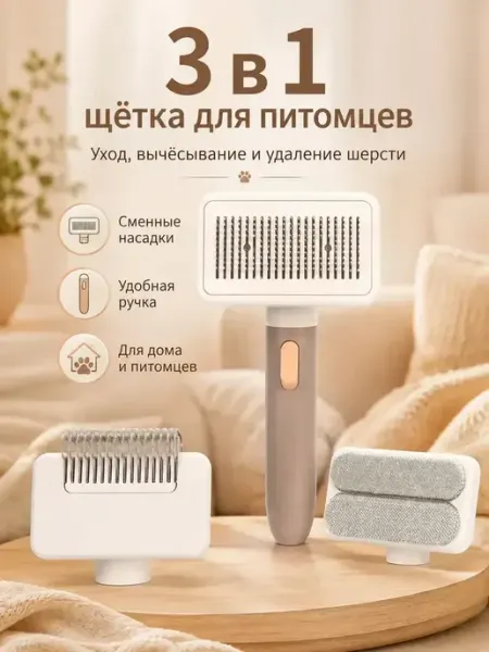 Щетка для животных 3 в 1 сменные насадки для кошек и собак