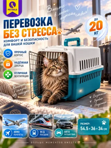 Переноска для кошек до 10 кг пластиковая большая 55*36*34 PetTails