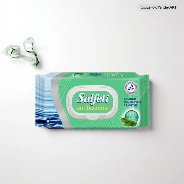Влажные салфетки Salfeti Antibac № 72, антибактериальные, с клапаном, без спирта, 72шт