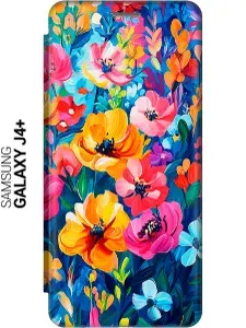 Чехол-книжка на Samsung Galaxy J4+ с принтом "Цветочное ассорти" золотой
