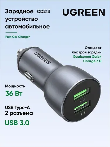 Автомобильное зарядное устройство UGREEN CD213 (10144) Fast Car Charger. Цвет: темно-серый
