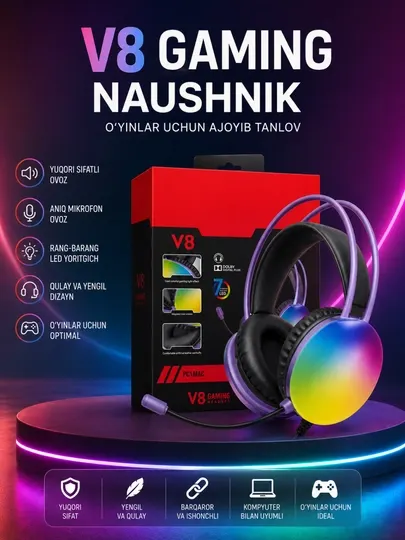 V8 Gaming Стерео Игровые Наушники с Микрофоном RGB LED для ПК, Ноутбука и Смартфона