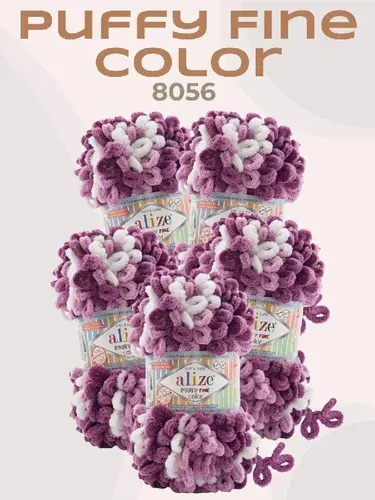 Пряжа Alize Puffy Fine Color 5 мотков (14 м, 100 гр), цвет 8056 белый; роза; сухая роза. Пряжа Ализе Пуффи Файн Колор разноцветная с маленькими петлями (2 см)