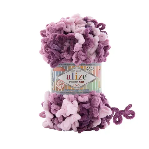 Пряжа Puffy Fine Color Alize 5 мотков (14 м, 100 гр), цвет 8133 розовый микс. Пряжа Ализе Пуффи Файн Колор разноцветная с маленькими петлями (2 см)