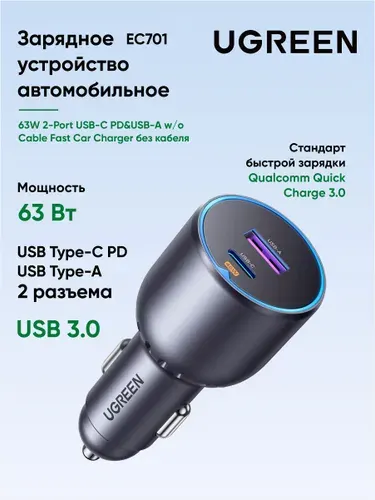 Автомобильное зарядное устройство UGREEN EC701 (35023) 63W 2-Port USB-C PD&USB-A w/o Cable Fast Car Charger без кабеля. Цвет: серый