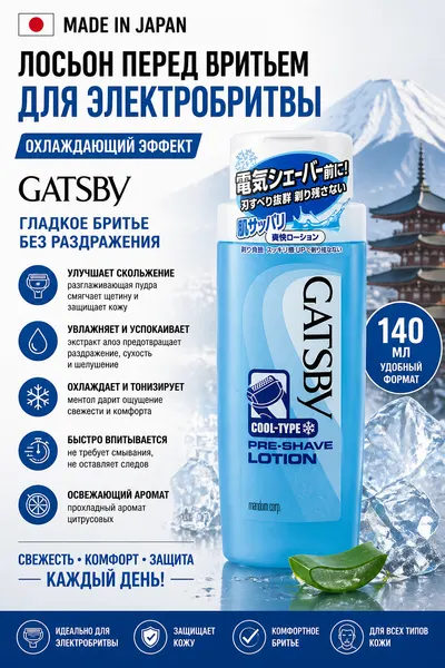 Лосьон для бритья электробритвой мужской Gatsby смягчающий и освежающий 140 мл