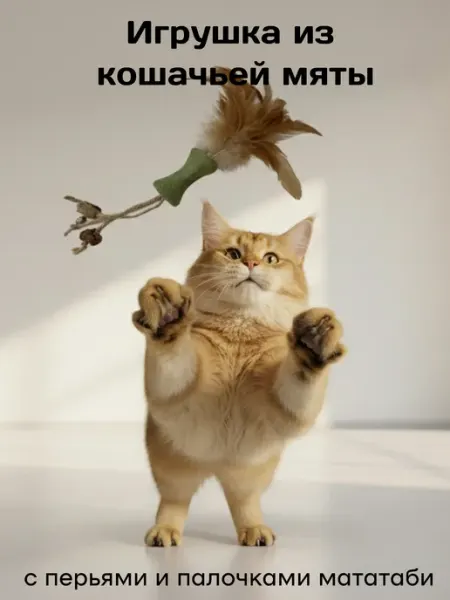 Игрушка из кошачьей мяты "Косточка" с перьями