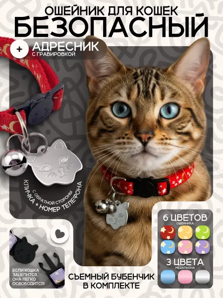 Gde Sobaka Безопасный ошейник с адресником для кошек, с гравировкой
