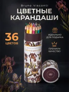 Карандаши цветные мягкие подарочный набор 36 цв Bruno Visconti "Flora. Ирисы "/ цветные карандаши для рисования для школы