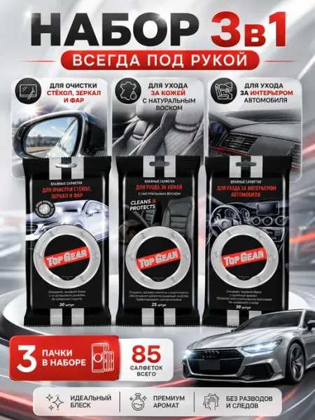 Влажные салфетки для автомобиля в салон TOP GEAR