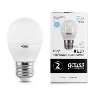 Лампа Gauss Elementary Шар G45 E27 6W(470lm) 6500K 6K 83x45 матовая, пластик/алюминий 53236