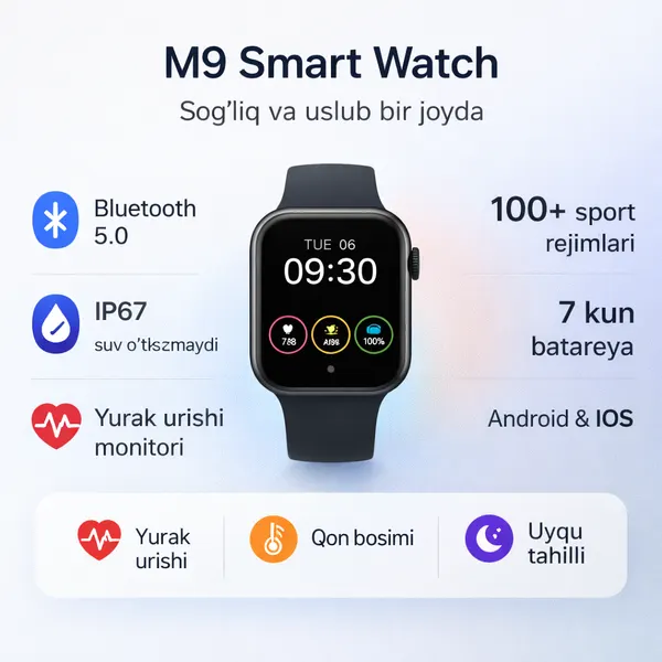Смарт-часы M9 умные Smart Watch мужские женские, черные, Bluetooth, IP67