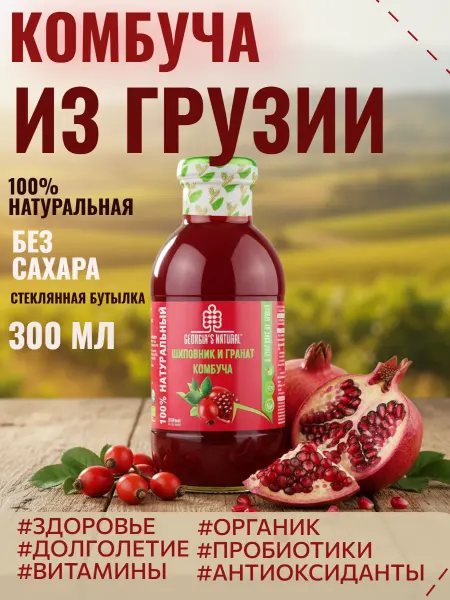 GEORGIA'S NATURAL Комбуча без сахара шиповник и гранат 300мл Грузия