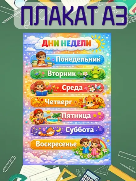 Плакат „Дни недели“ А3 для детей